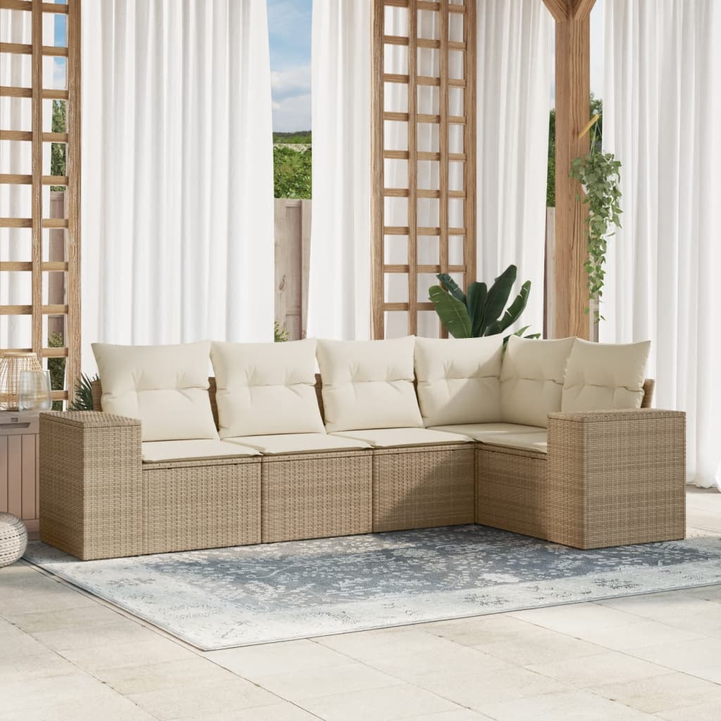 5-tlg. Garten-Sofagarnitur mit Kissen Beige Poly Rattan 5-tlg. Garten-Sofagarnitur mit Kissen Beige Poly Rattan