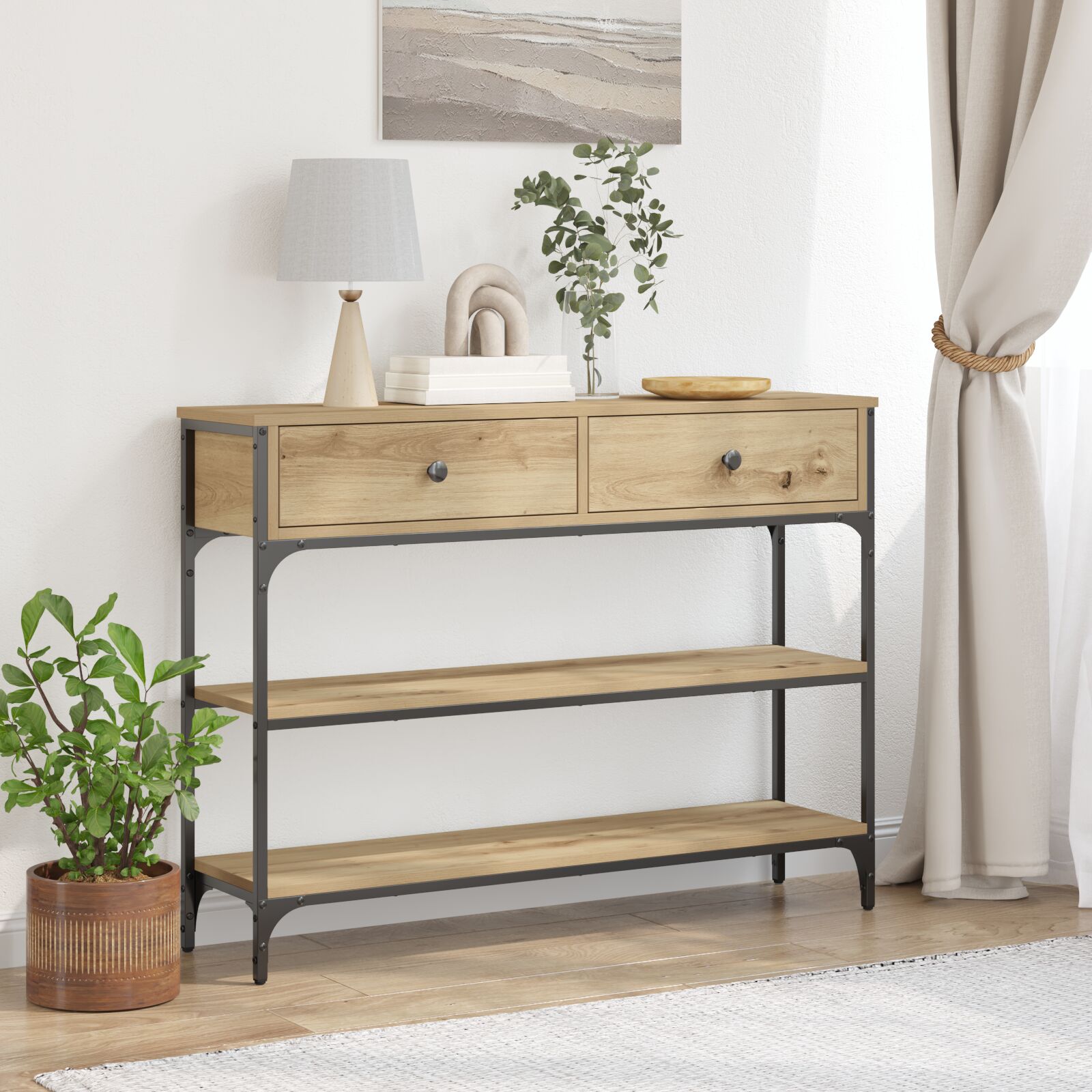 Konsolentisch Eichenholz 100x25x75 cm Holzwerkstoff & Stahl