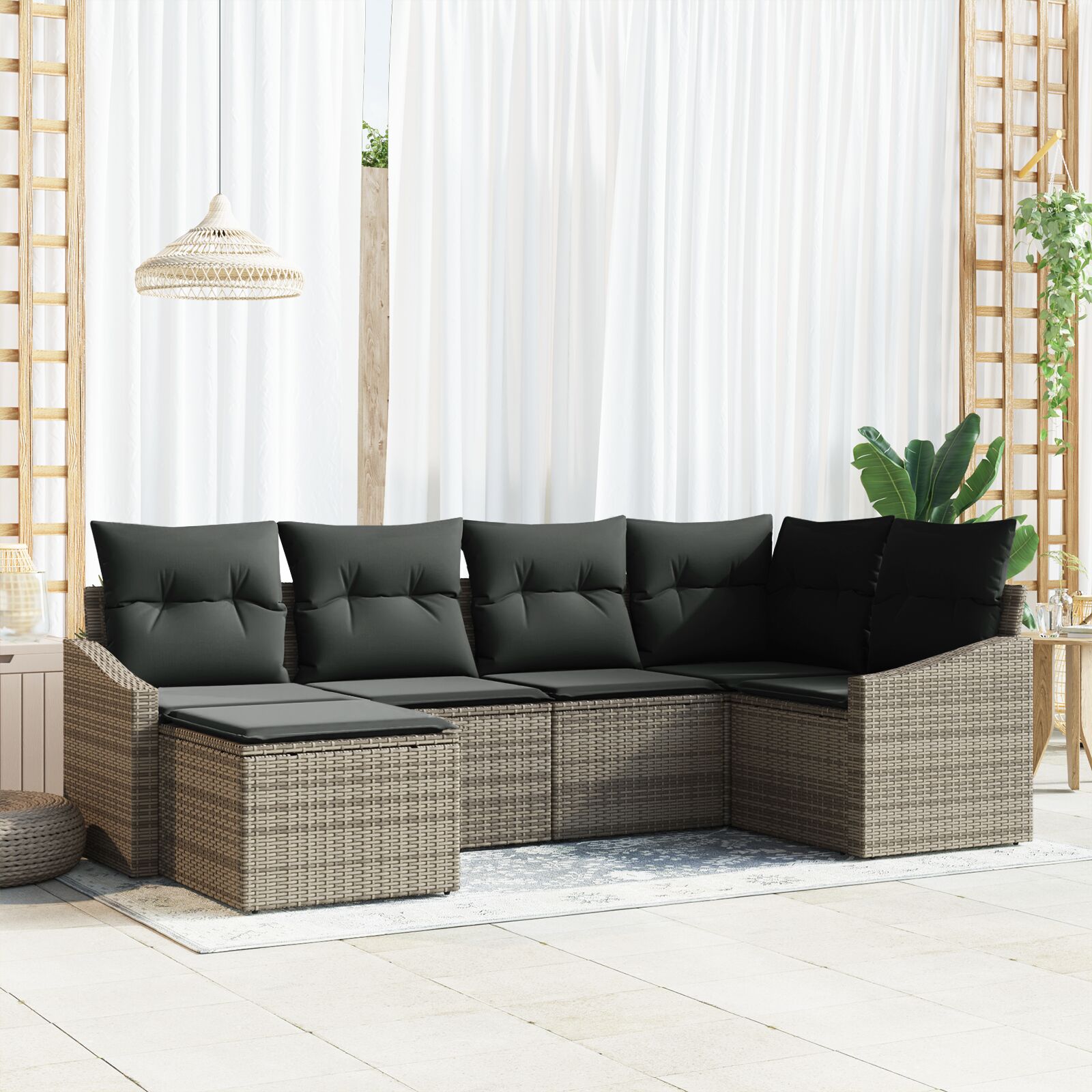 6-teilige Garten-Essgruppe mit Kissen Grau Poly Rattan