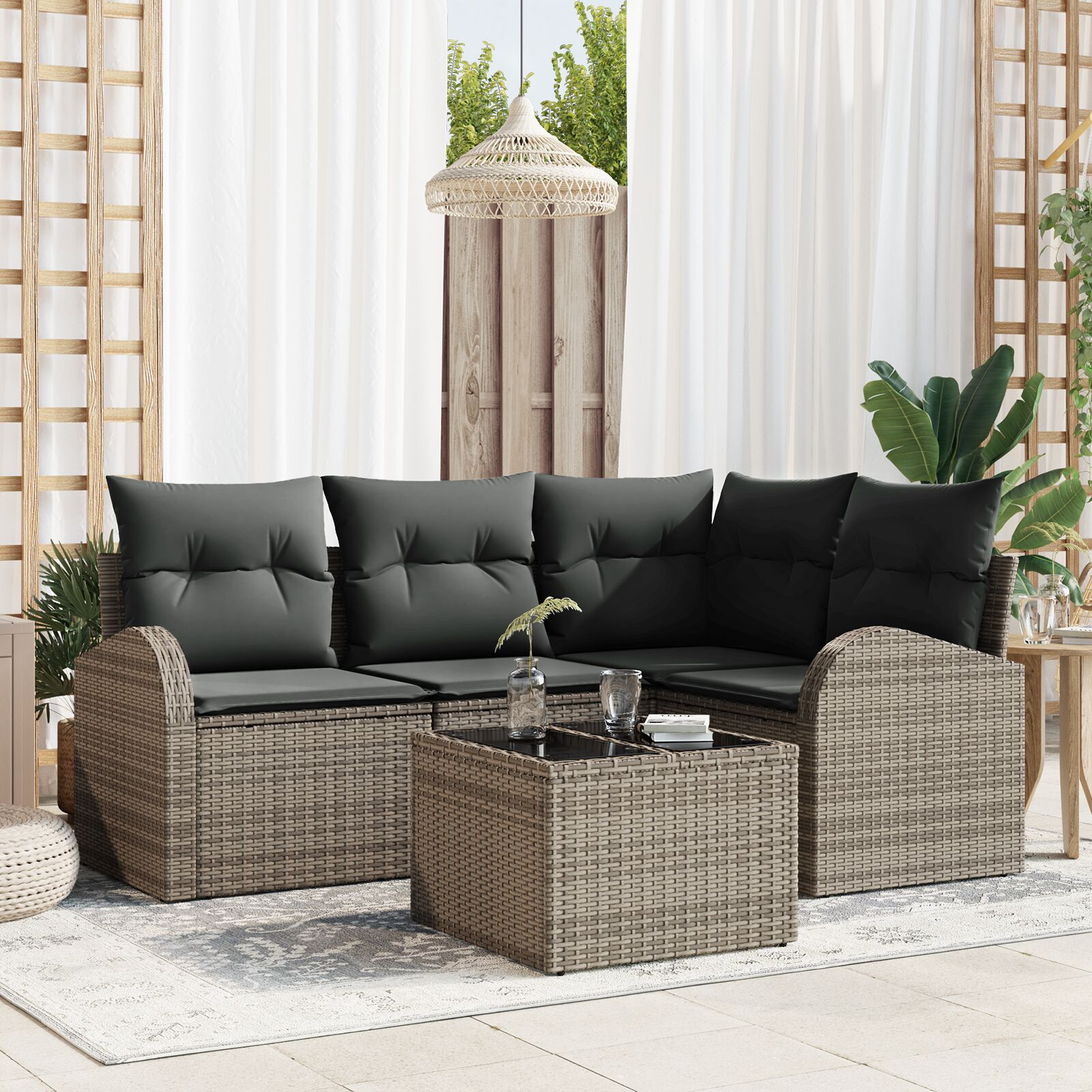 4-teiliges Garten Sofa Set mit Kissen Schwarz Poly Rattan 4-teiliges Garten Sofa Set mit Kissen Schwarz Poly Rattan