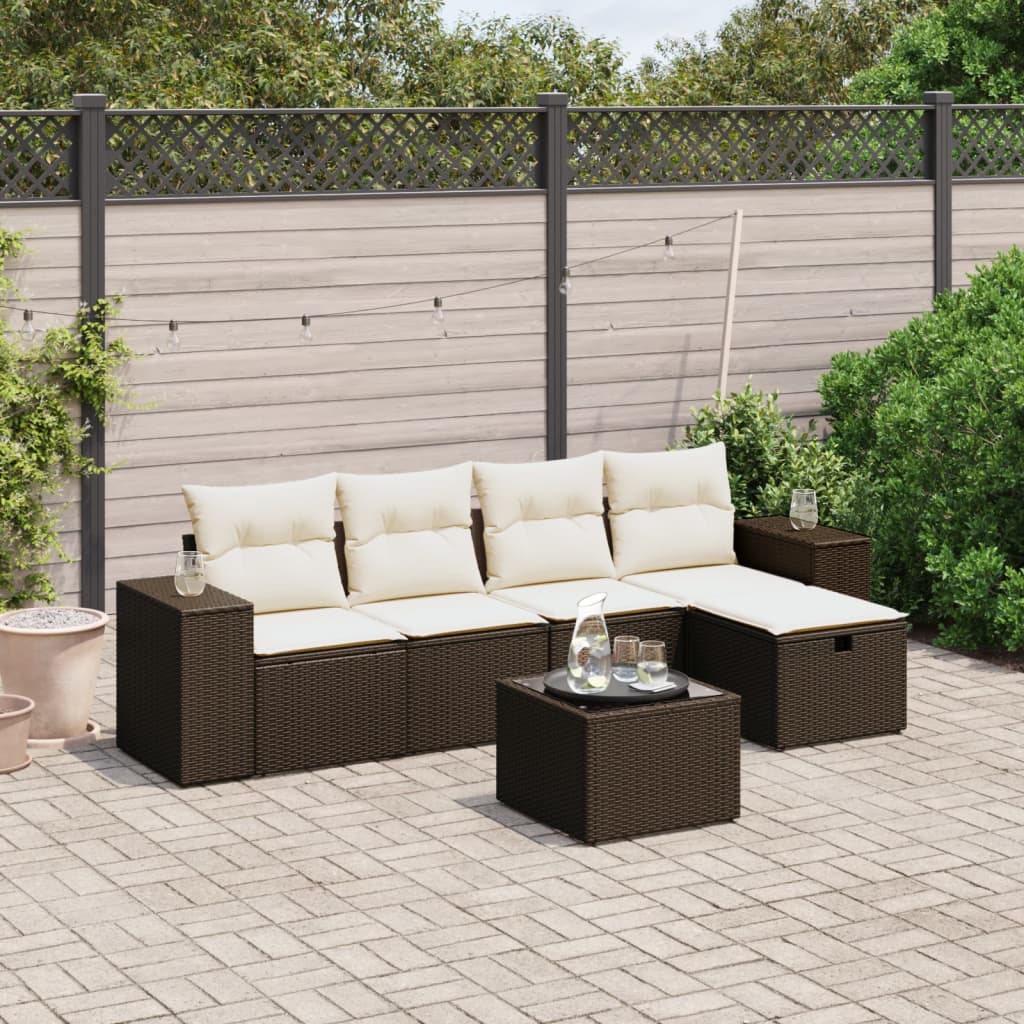 6-tlg. Garten-Sofagarnitur mit Kissen Braun Poly Rattan 6-tlg. Garten-Sofagarnitur mit Kissen Braun Poly Rattan