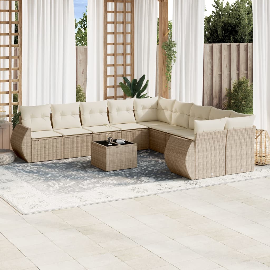 11-tlg. Garten-Sofagarnitur mit Kissen Beige Poly Rattan 11-tlg. Garten-Sofagarnitur mit Kissen Beige Poly Rattan