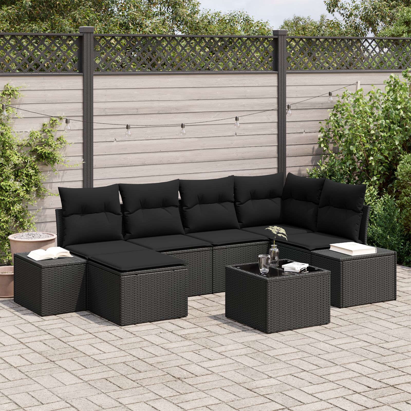 7-teiliges Garten Sofa Set mit Kissen Beige Poly-Rattan