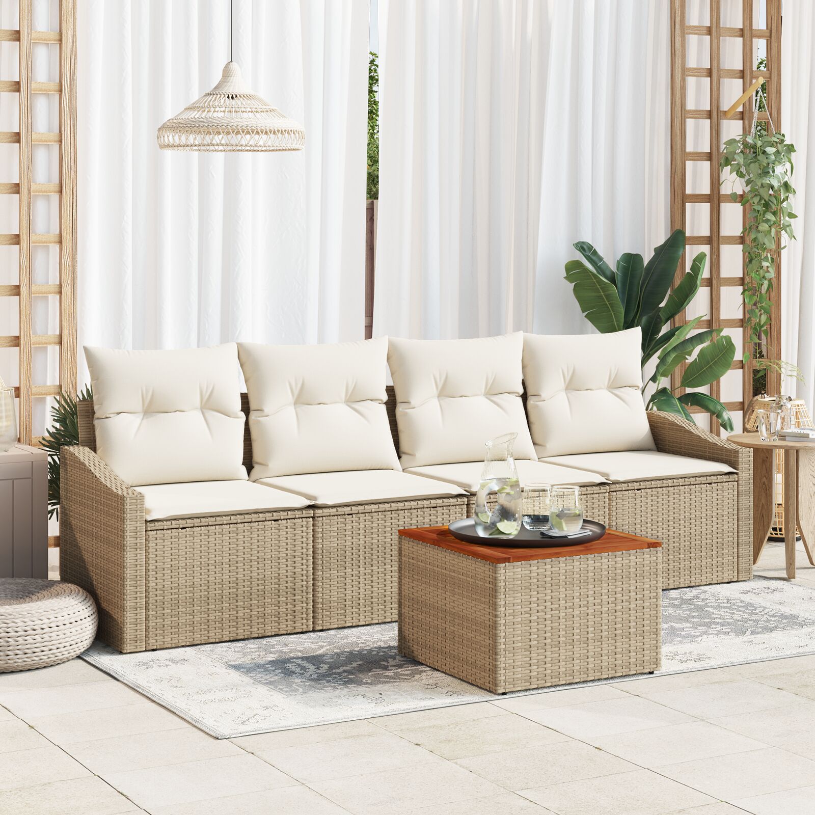 5-teiliges Garten-Sofa-Set mit Kissen Beige Poly Rattan Akazie 5-teiliges Garten-Sofa-Set mit Kissen Beige Poly Rattan Akazie