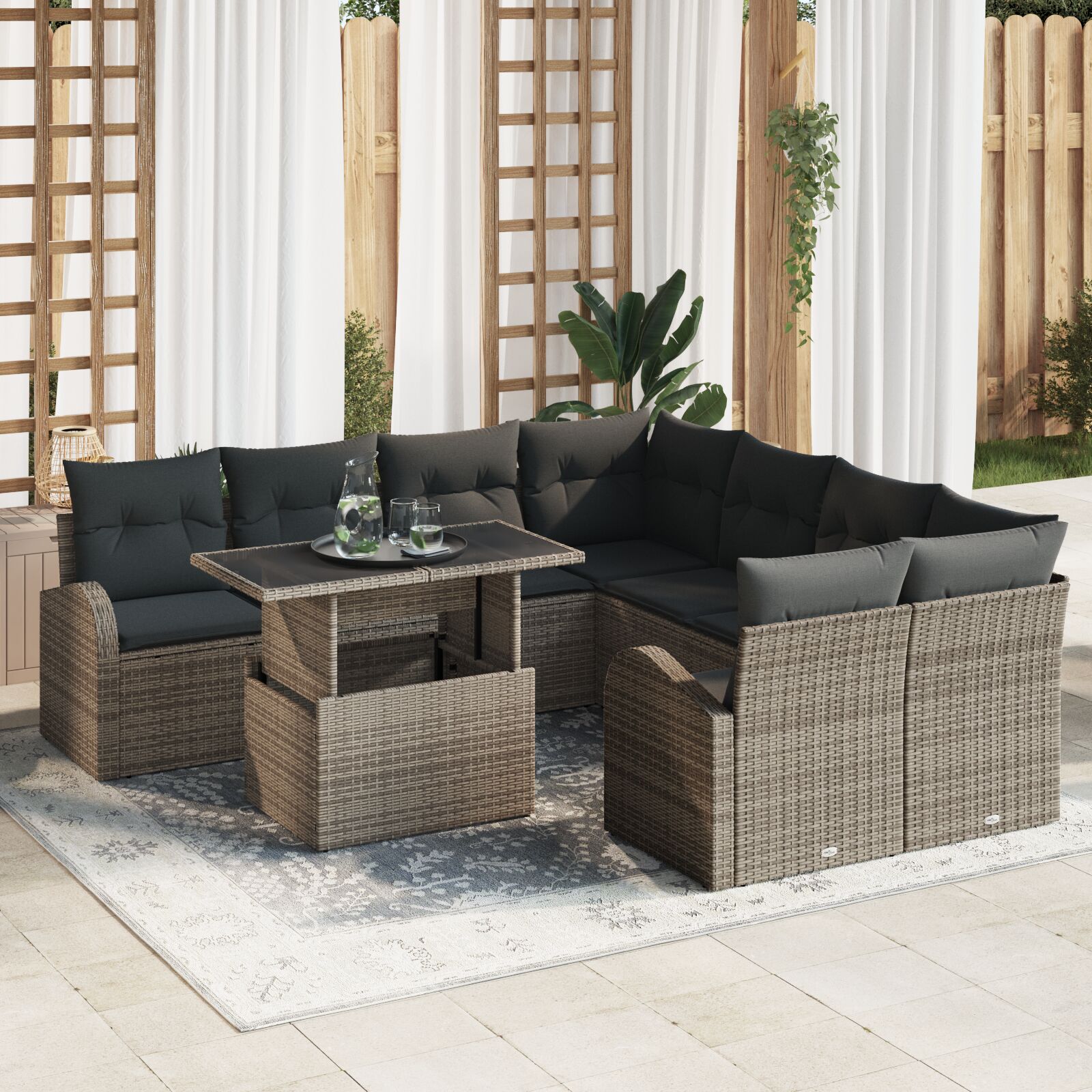 9 teiliges Garten Sofa Set mit Kissen Grau Poly Rattan
