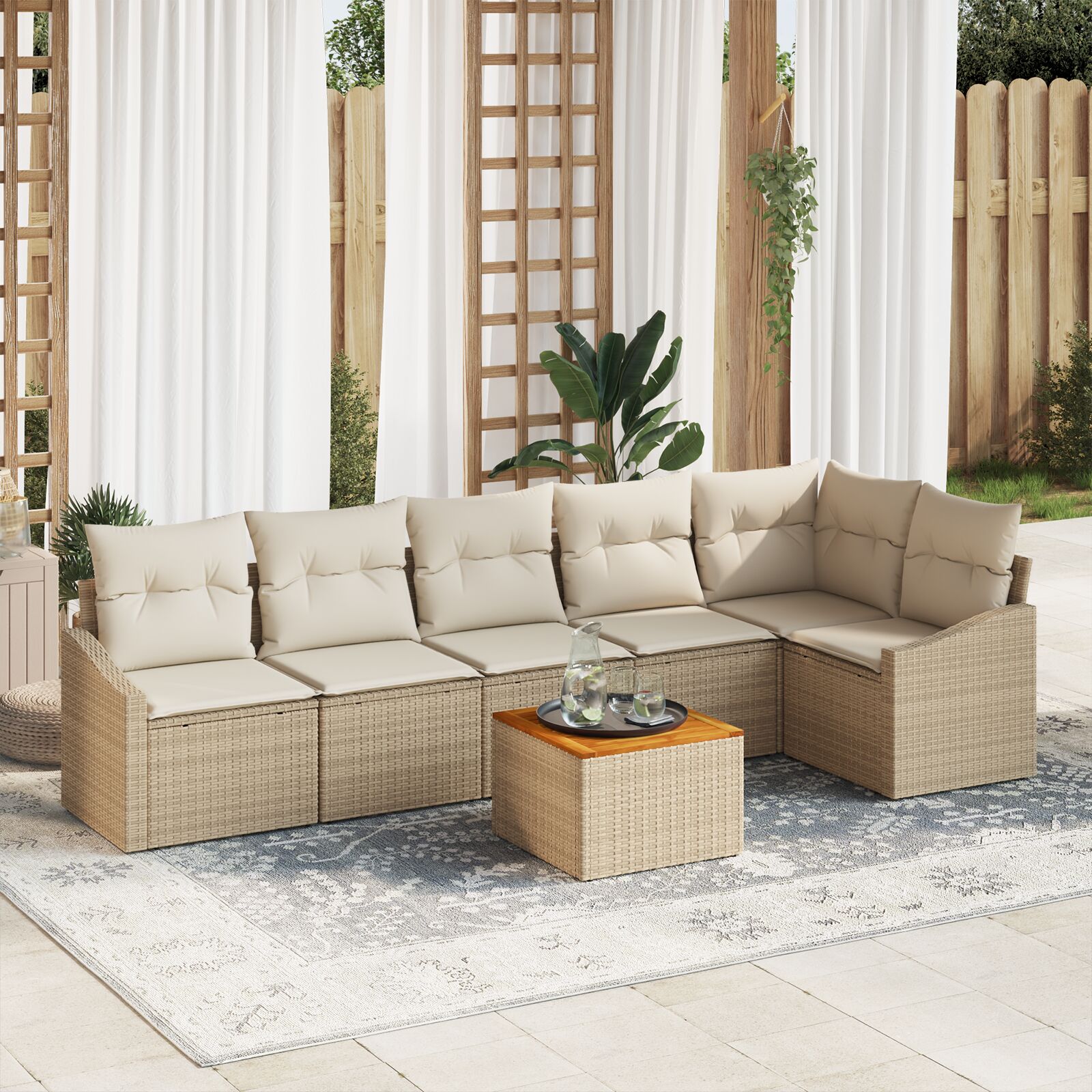 7-teiliges Garten-Sofa-Set mit Kissen Beige Poly-Rattan Akazie