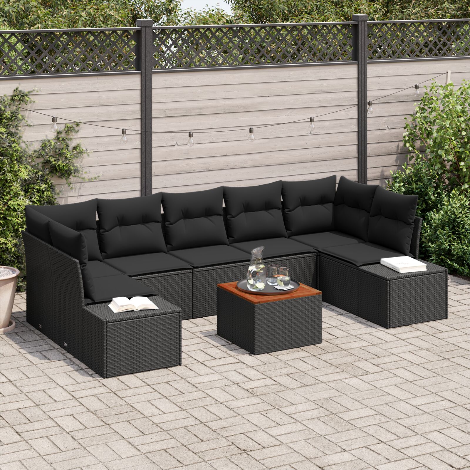 8-teiliges Garten Sofa Set mit Kissen Schwarz Poly Rattan Akazie