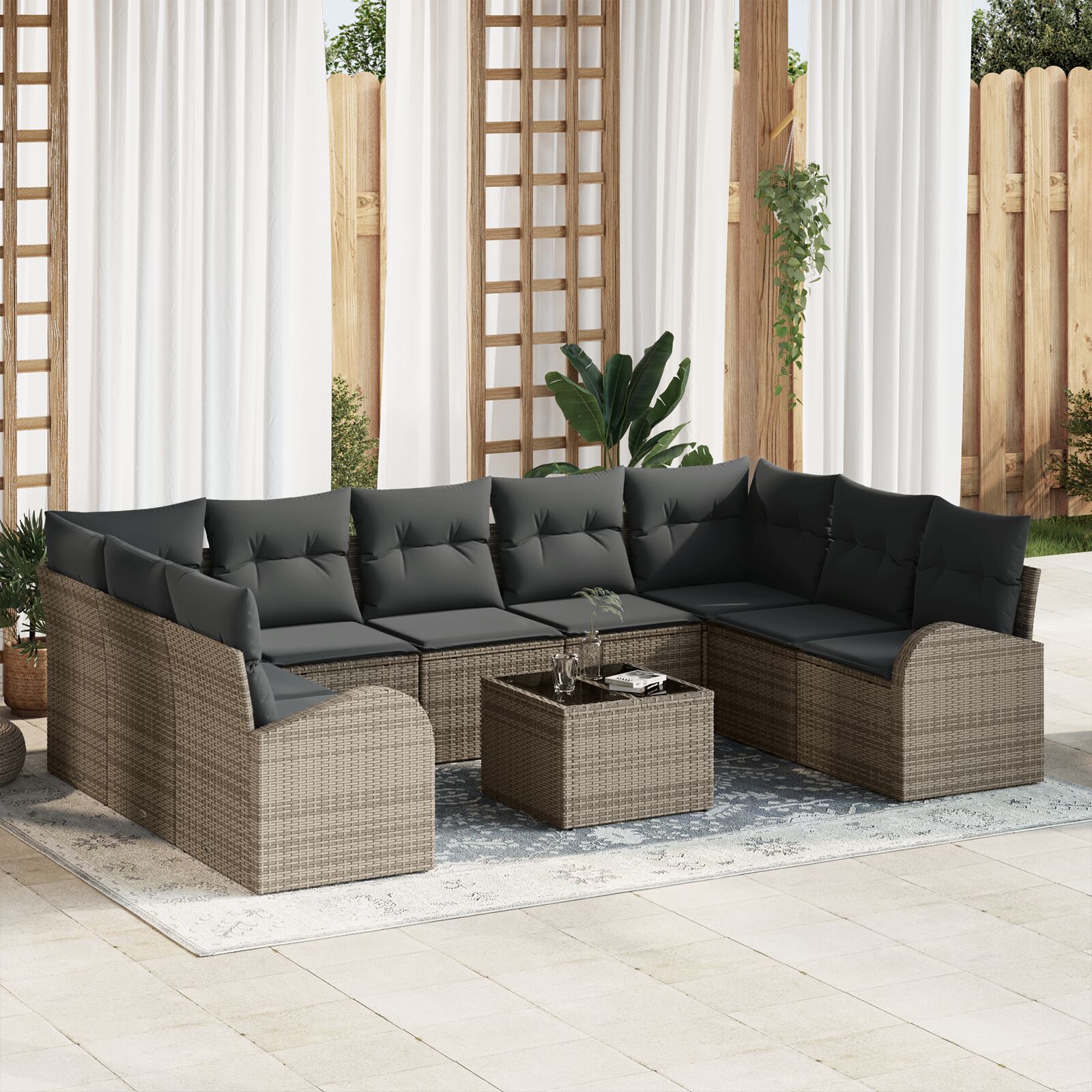 9-teiliges Garten Sofa Set mit Kissen Schwarz Poly Rattan 9-teiliges Garten Sofa Set mit Kissen Schwarz Poly Rattan