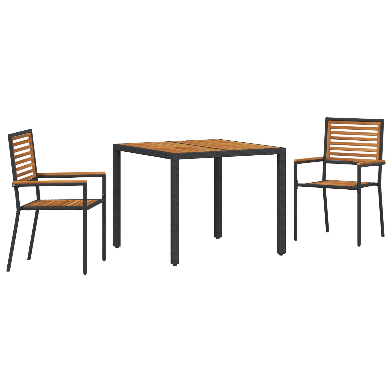 3-teiliges Garten Essset Schwarz Poly Rattan Akazie, Stapelbare Gartenstühle mit Kissen 2 Stück Schwarz Poly Rattan 3-teiliges Garten Essset Schwarz Poly Rattan Akazie, Stapelbare Gartenstühle mit Kissen 2 Stück Schwarz Poly Rattan