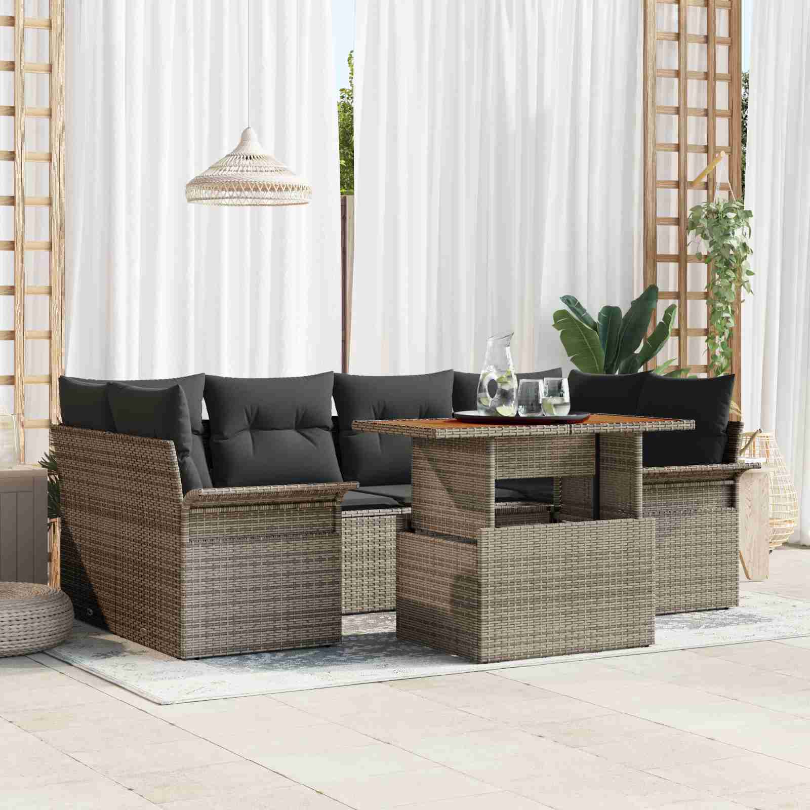 7-teiliges Garten Sofa Set mit Kissen Grau Poly Rattan 7-teiliges Garten Sofa Set mit Kissen Grau Poly Rattan
