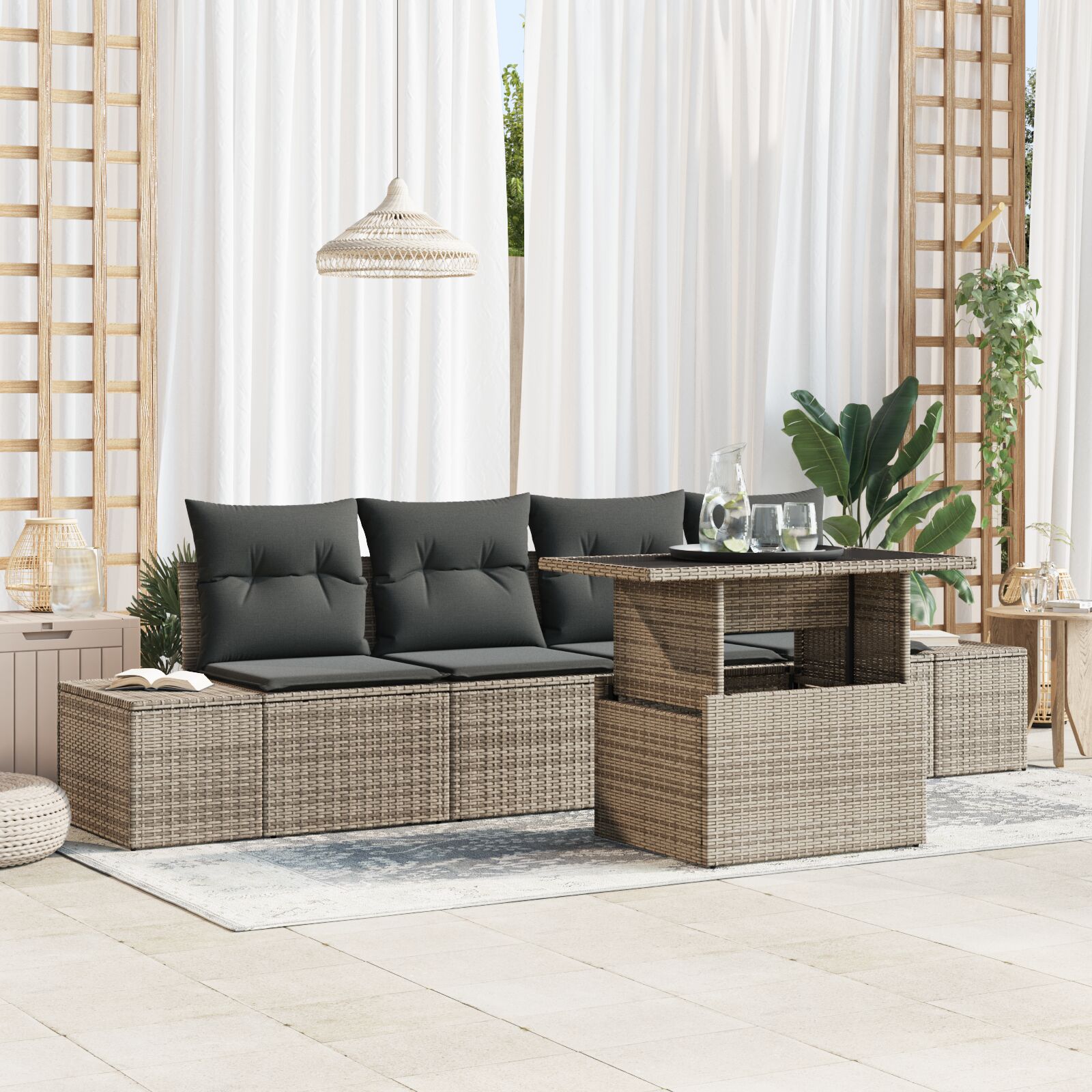 5-teiliges Garten-Sofa-Set mit Kissen Grau Poly Rattan 5-teiliges Garten-Sofa-Set mit Kissen Grau Poly Rattan