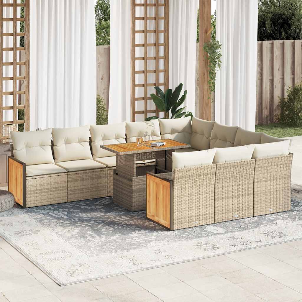 11-tlg. Garten-Sofagarnitur mit Kissen Beige Poly Rattan Akazie 11-tlg. Garten-Sofagarnitur mit Kissen Beige Poly Rattan Akazie
