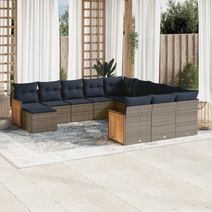 12-teiliges Gartensofa-Set mit Kissen, grau, Polyrattan