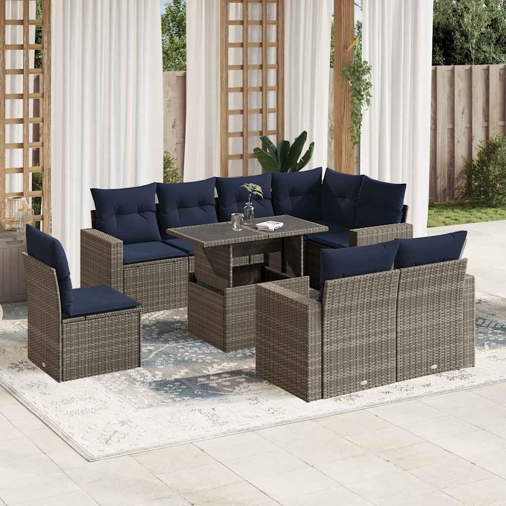 9-teiliges Gartensofa-Set mit Kissen, grau, Polyrattan 9-teiliges Gartensofa-Set mit Kissen, grau, Polyrattan