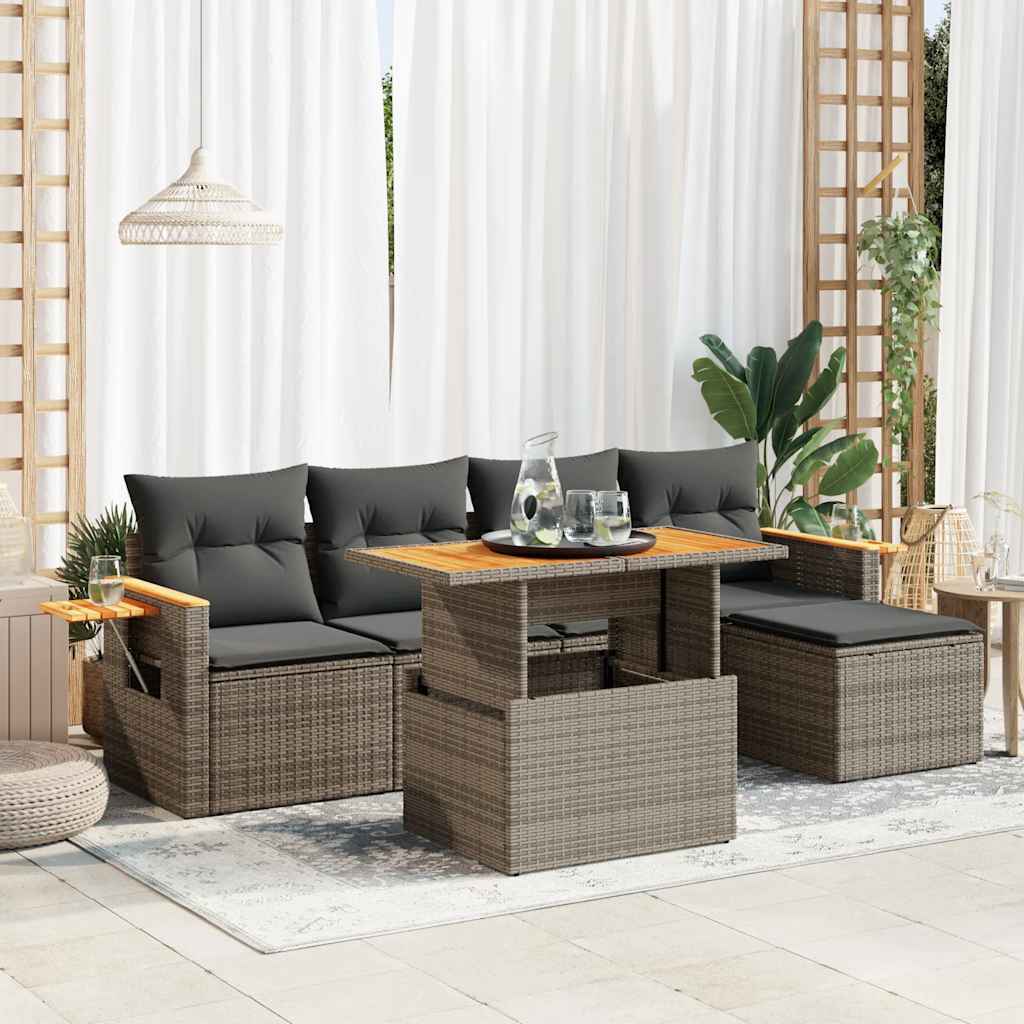7-tlg. Garten-Sofagarnitur mit Kissen Grau Poly Rattan Akazie 7-tlg. Garten-Sofagarnitur mit Kissen Grau Poly Rattan Akazie
