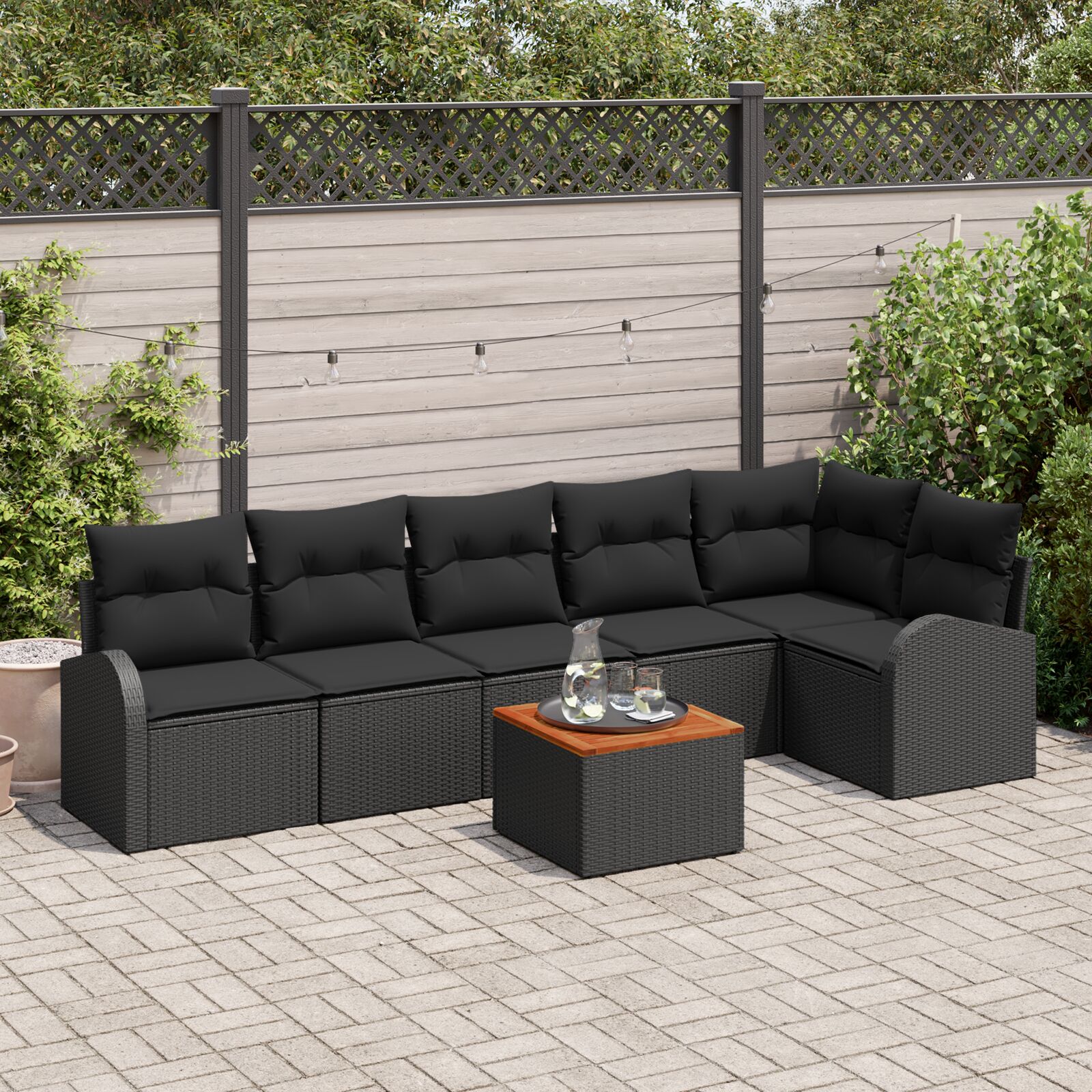 7-teiliges Garten Sofa Set mit Kissen Schwarz Poly Rattan Akazie