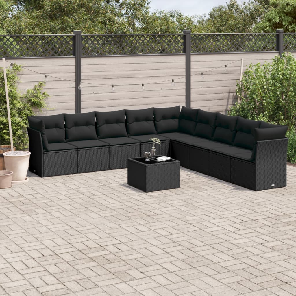10-tlg. Garten-Sofagarnitur mit Kissen Schwarz Poly Rattan 10-tlg. Garten-Sofagarnitur mit Kissen Schwarz Poly Rattan