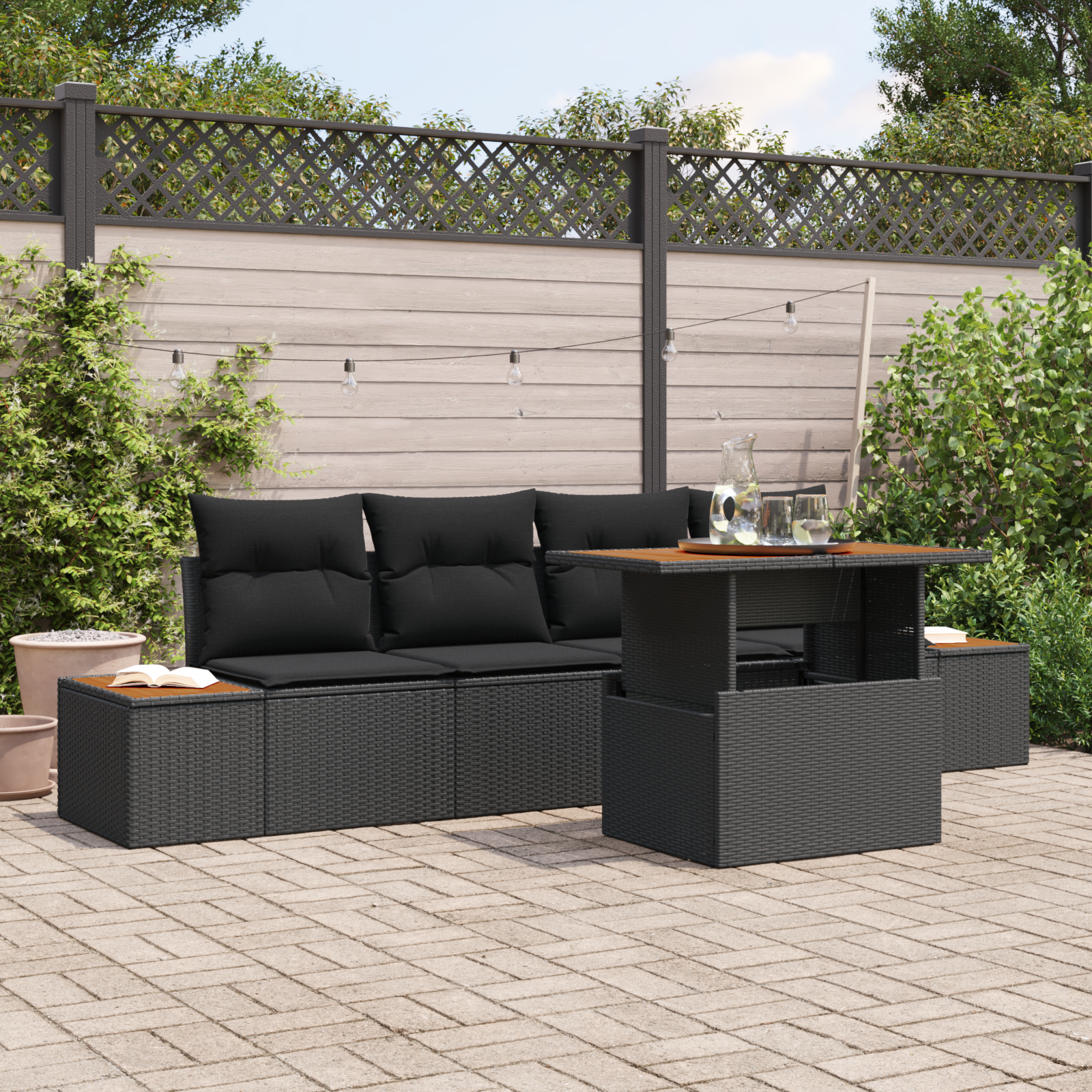 5-teiliges Garten-Esstischset mit Kissen Schwarz Poly-Rattan Akazie 5-teiliges Garten-Esstischset mit Kissen Schwarz Poly-Rattan Akazie
