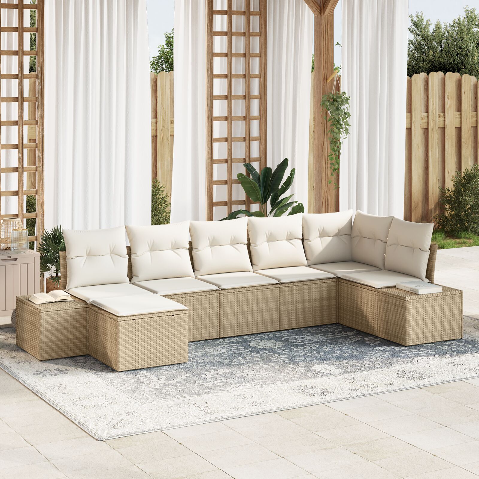 7-teiliges Garten Sofa Set mit Kissen in Beige (Poly Rattan)