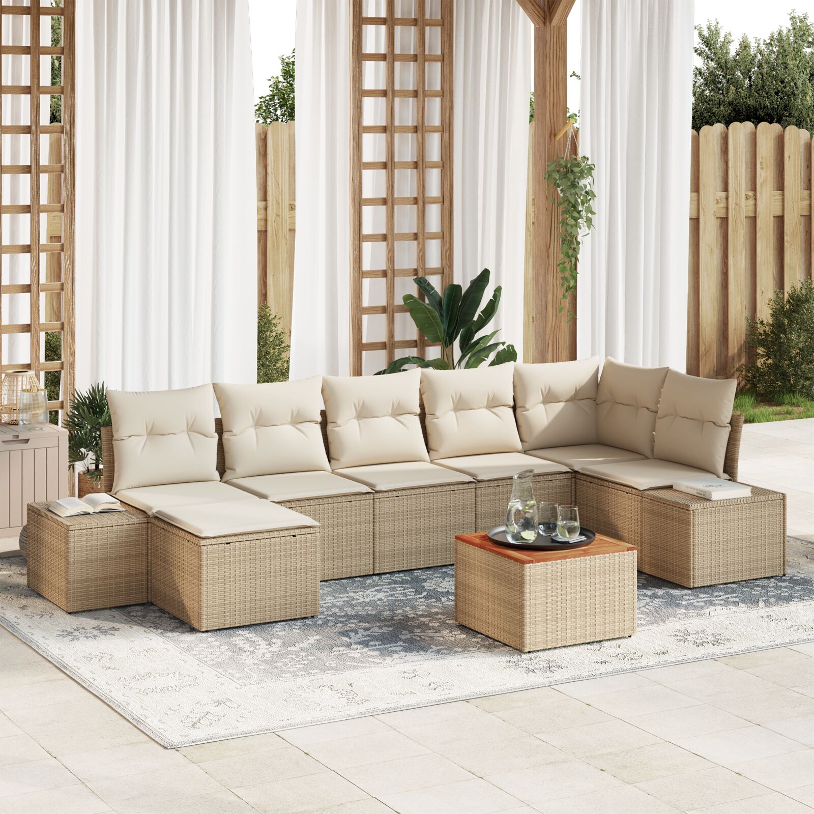 Garten-Sofa-Set 8 Teile Beige und Creme Poly-Rattan Groß