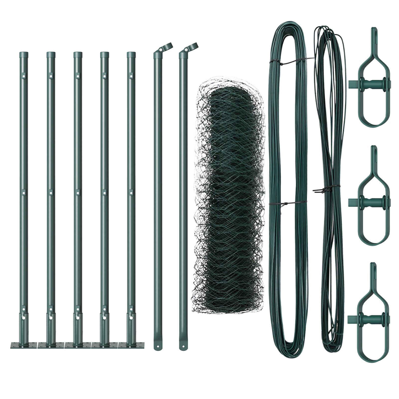 Sechseckzaun Grün 0,4x10 m Stahl, Zaunpfosten mit Grundplatten 7 Stück Ø32mm 50cm verzinkter Stahl