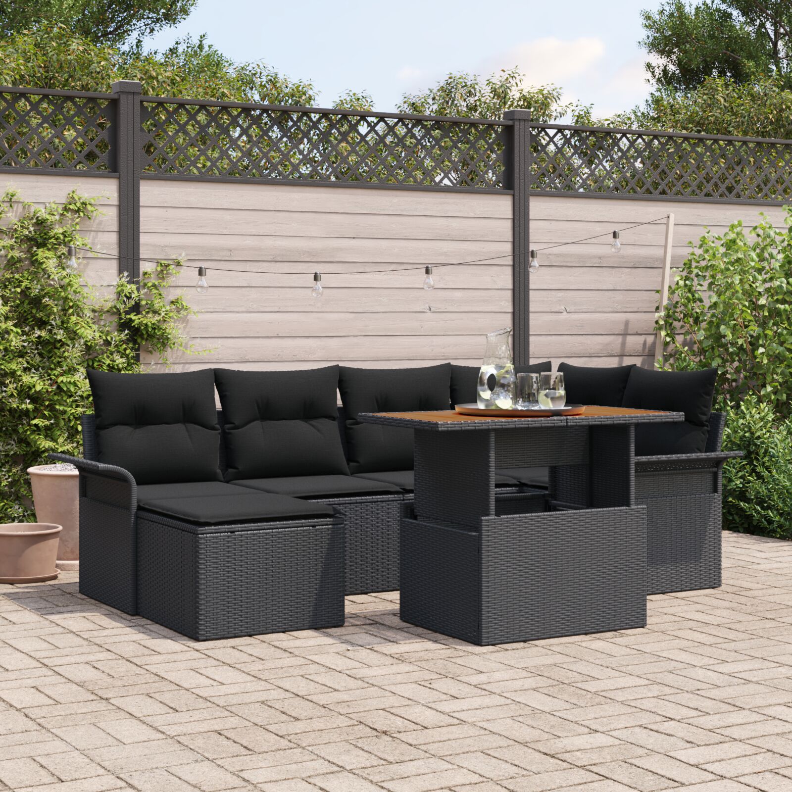 7-teilige Garten-Essgruppe mit Kissen Schwarz Poly Rattan Akazie 7-teilige Garten-Essgruppe mit Kissen Schwarz Poly Rattan Akazie
