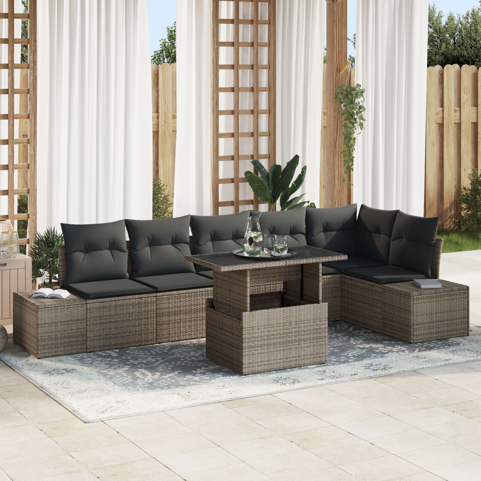 7-teiliges Garten Sofa Set mit Kissen Grau Poly Rattan