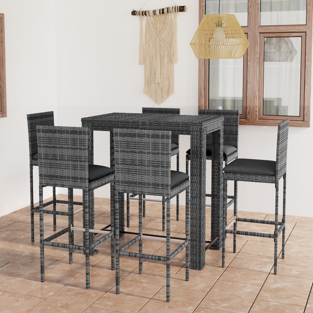7-tlg. Gartenbar-Set mit Kissen Poly Rattan Grau 7-tlg. Gartenbar-Set mit Kissen Poly Rattan Grau