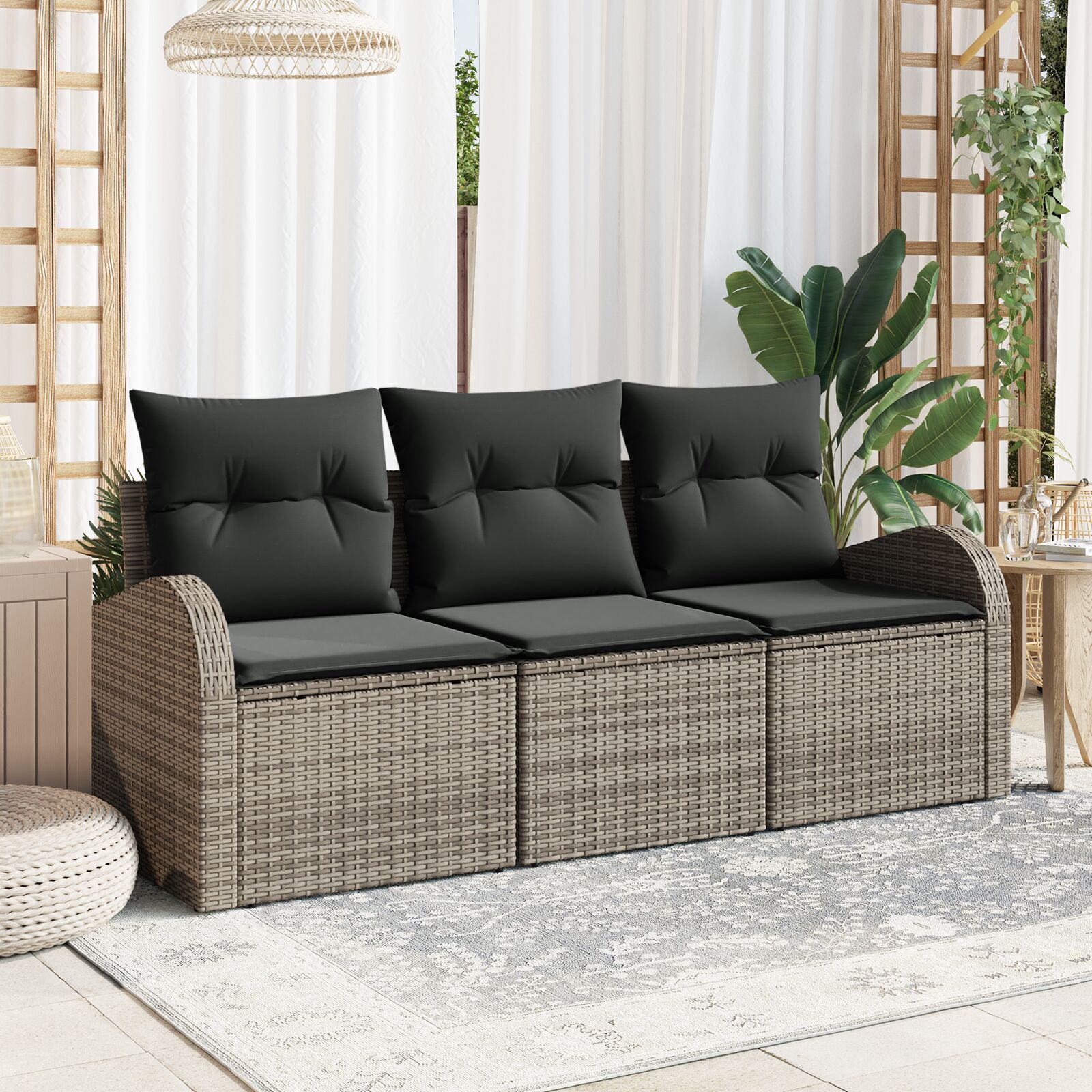 3-teiliges Garten Sofa Set mit Kissen Grau Poly Rattan 3-teiliges Garten Sofa Set mit Kissen Grau Poly Rattan