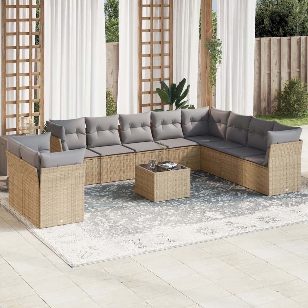11-tlg. Garten-Sofagarnitur mit Kissen Beige Poly Rattan 11-tlg. Garten-Sofagarnitur mit Kissen Beige Poly Rattan