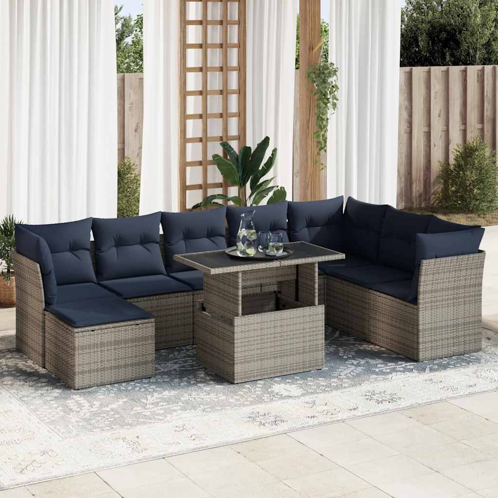 9-tlg. Garten-Sofagarnitur mit Kissen Grau Poly Rattan Akazie 9-tlg. Garten-Sofagarnitur mit Kissen Grau Poly Rattan Akazie