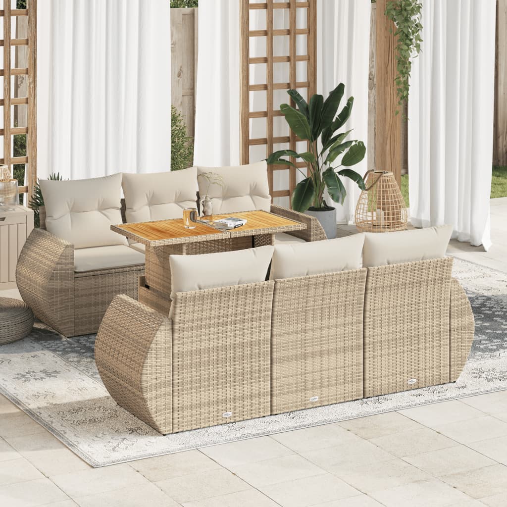 7-tlg. Garten-Sofagarnitur mit Kissen Beige Poly Rattan
