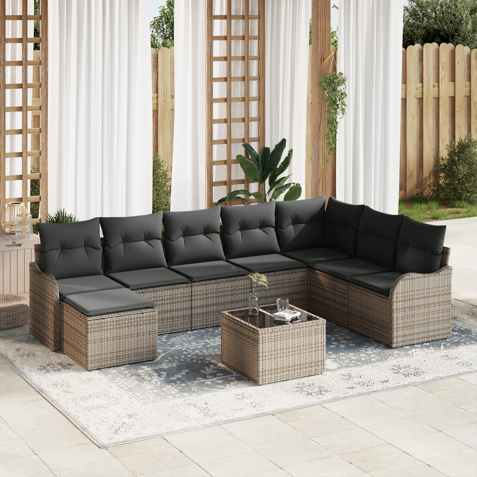 8-teiliges Garten Sofa Set mit Kissen in Schwarz Poly Rattan