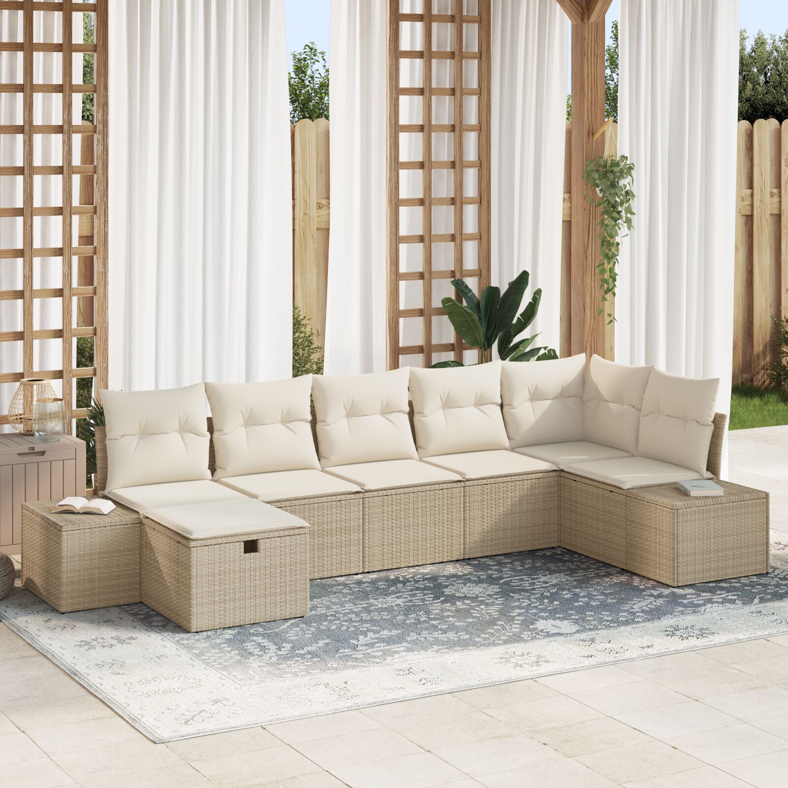 7-teiliges Garten-Sofa-Set mit Kissen Beige Poly Rattan 7-teiliges Garten-Sofa-Set mit Kissen Beige Poly Rattan