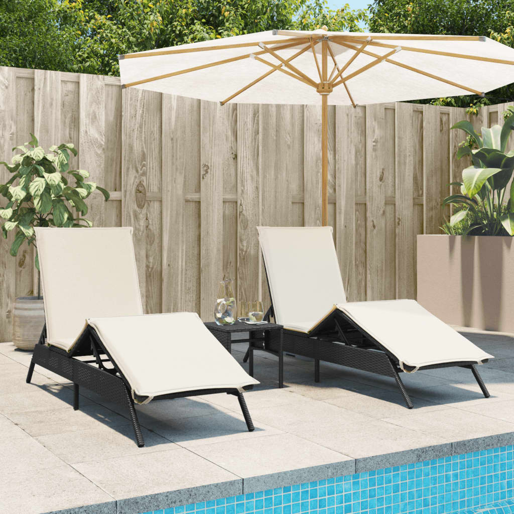 Sonnenliegen 2 Stk. mit Tisch Schwarz Poly Rattan Sonnenliegen 2 Stk. mit Tisch Schwarz Poly Rattan