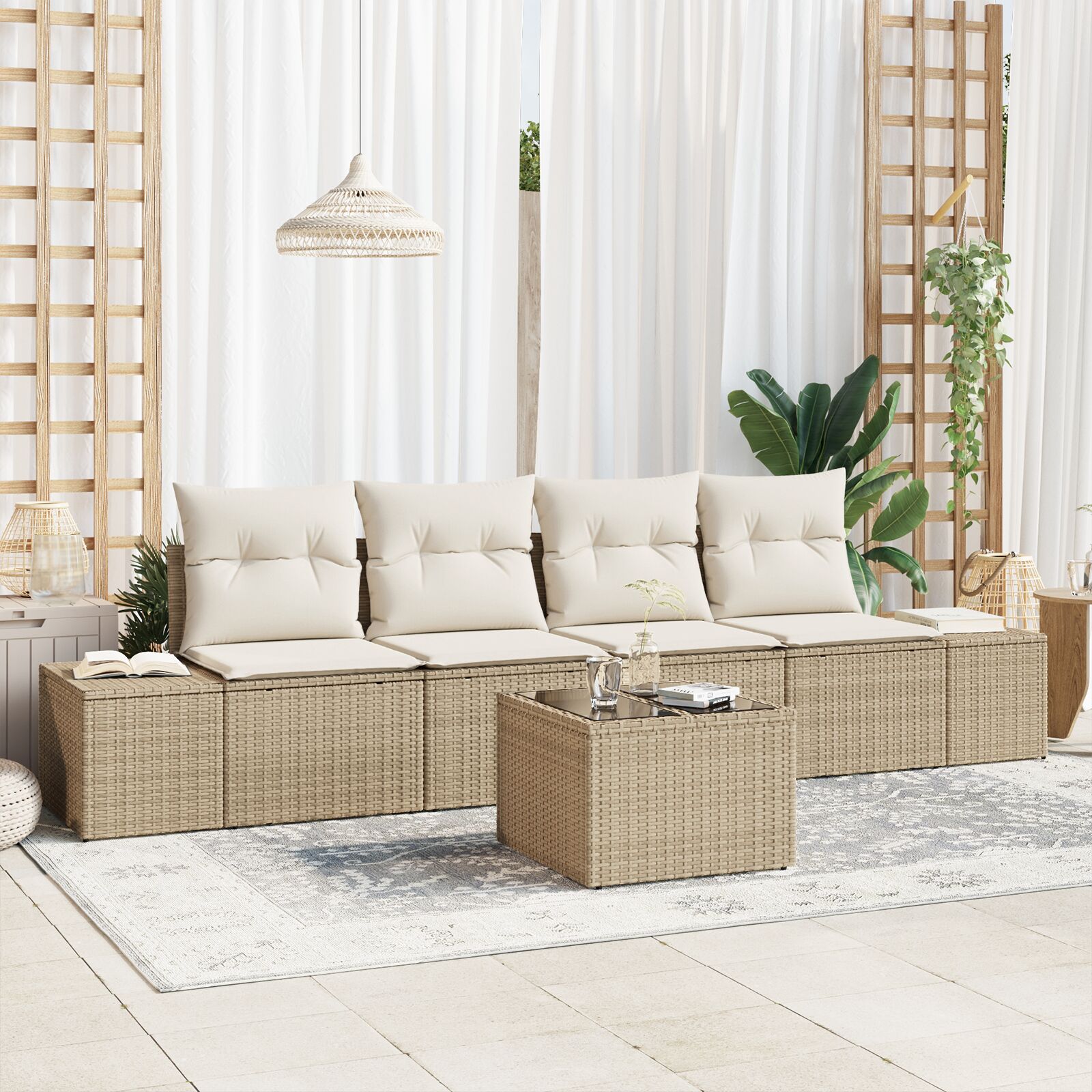5-teiliges Garten Sofa Set mit Kissen Beige Poly-Rattan