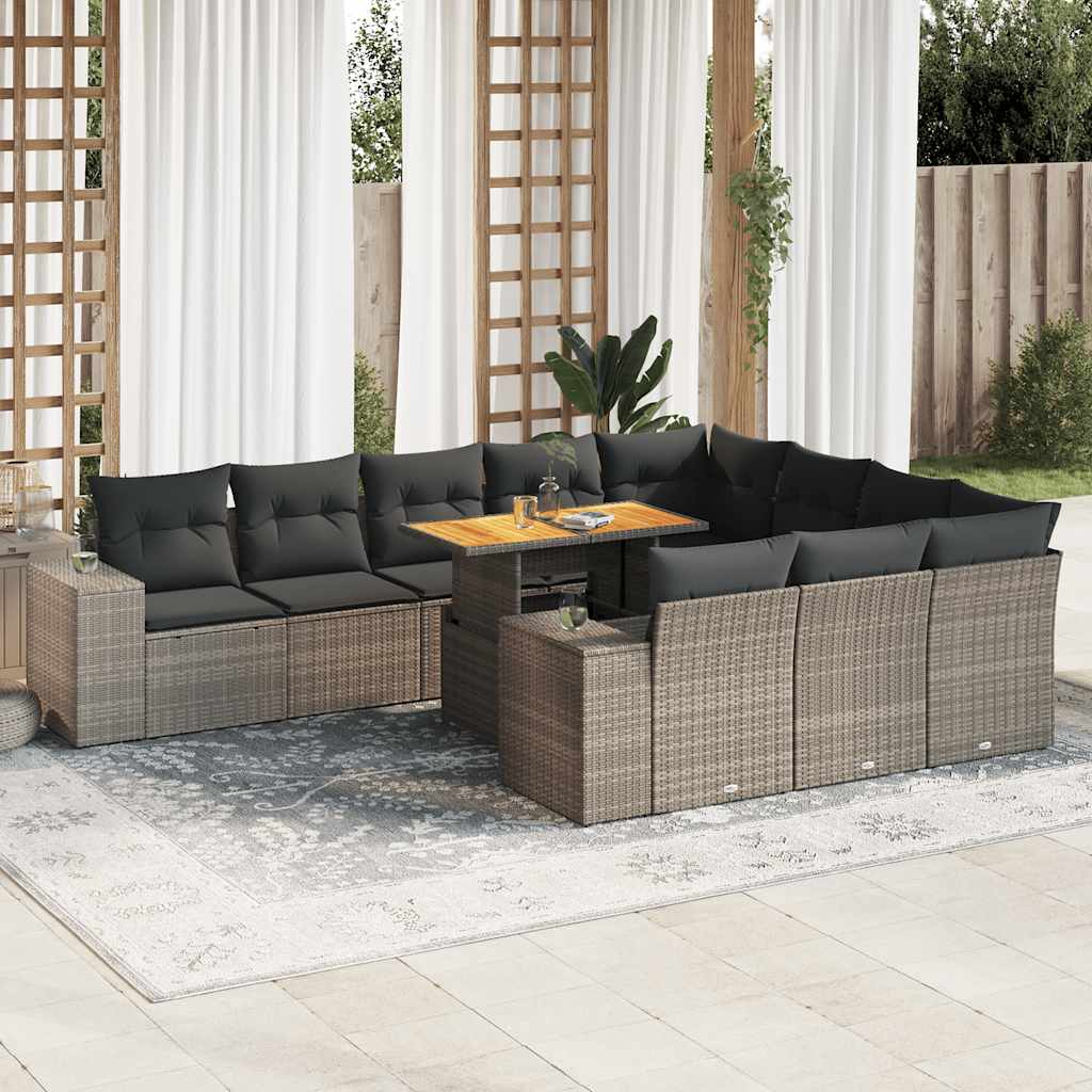 10-tlg. Garten-Sofagarnitur mit Kissen Grau Poly Rattan Akazie 10-tlg. Garten-Sofagarnitur mit Kissen Grau Poly Rattan Akazie