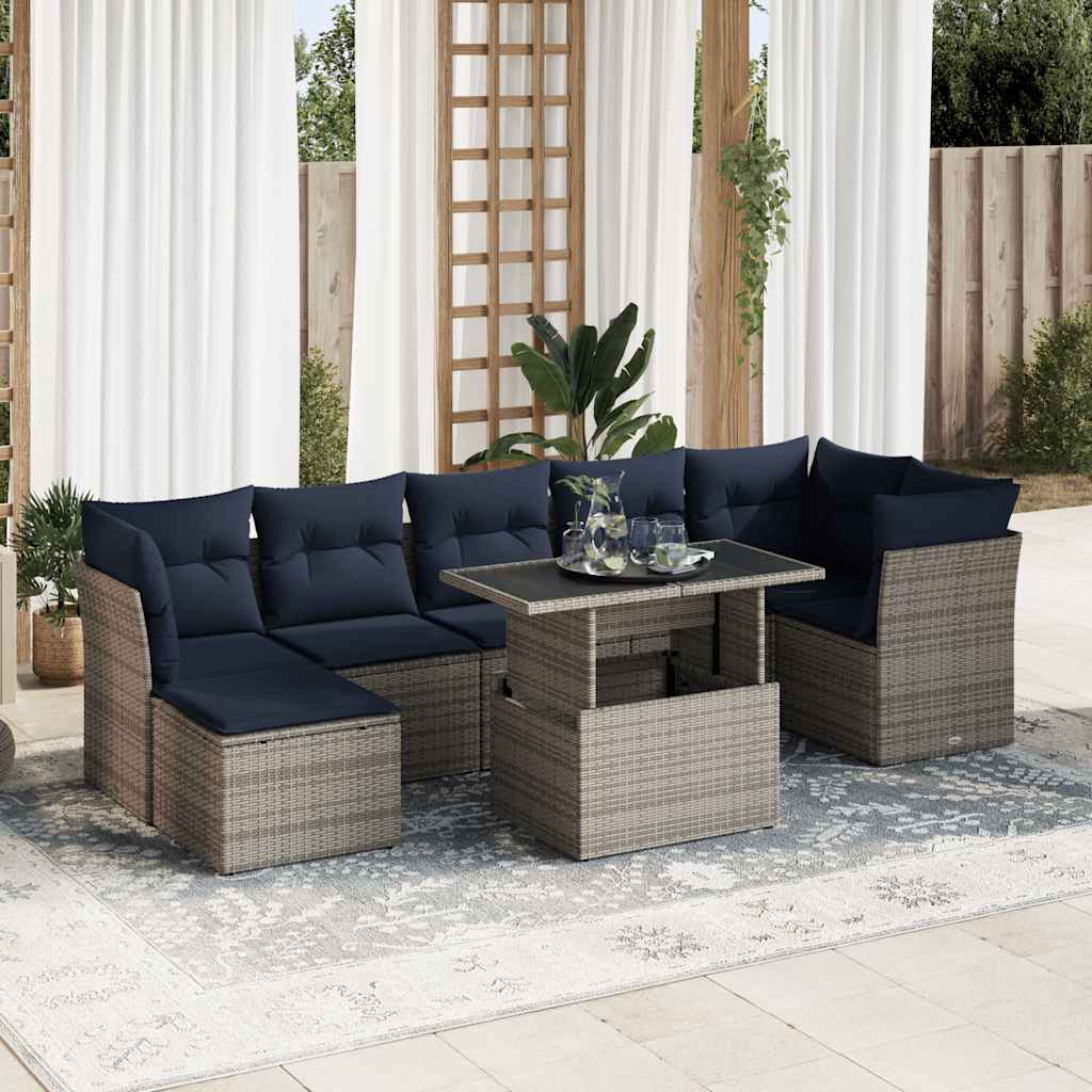 7-tlg. Garten-Sofagarnitur mit Kissen Grau Poly Rattan Akazie 7-tlg. Garten-Sofagarnitur mit Kissen Grau Poly Rattan Akazie