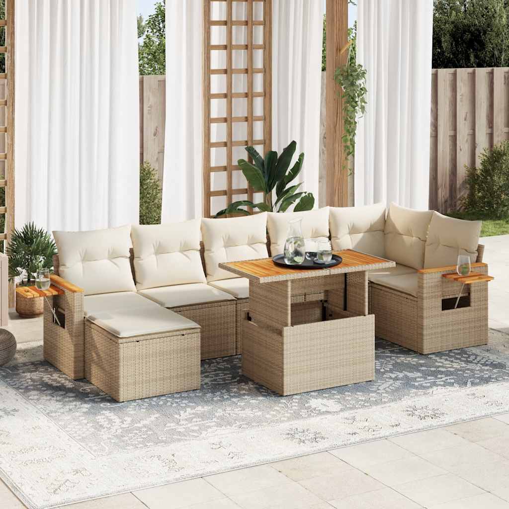8-tlg. Garten-Sofagarnitur mit Kissen Beige Poly Rattan Akazie 8-tlg. Garten-Sofagarnitur mit Kissen Beige Poly Rattan Akazie