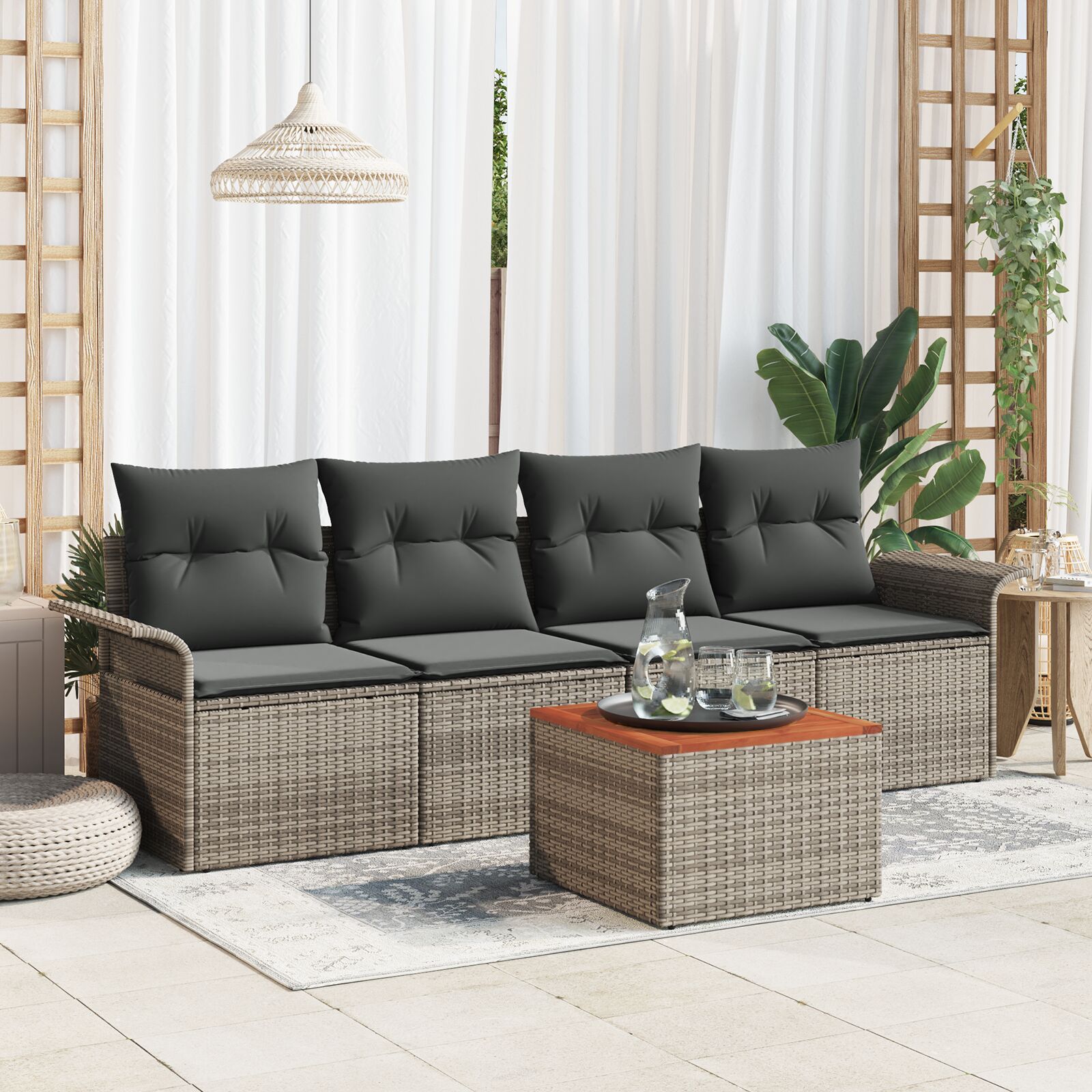 5-teiliges Gartensofa Set mit Kissen Grau Poly Rattan Akazie 5-teiliges Gartensofa Set mit Kissen Grau Poly Rattan Akazie