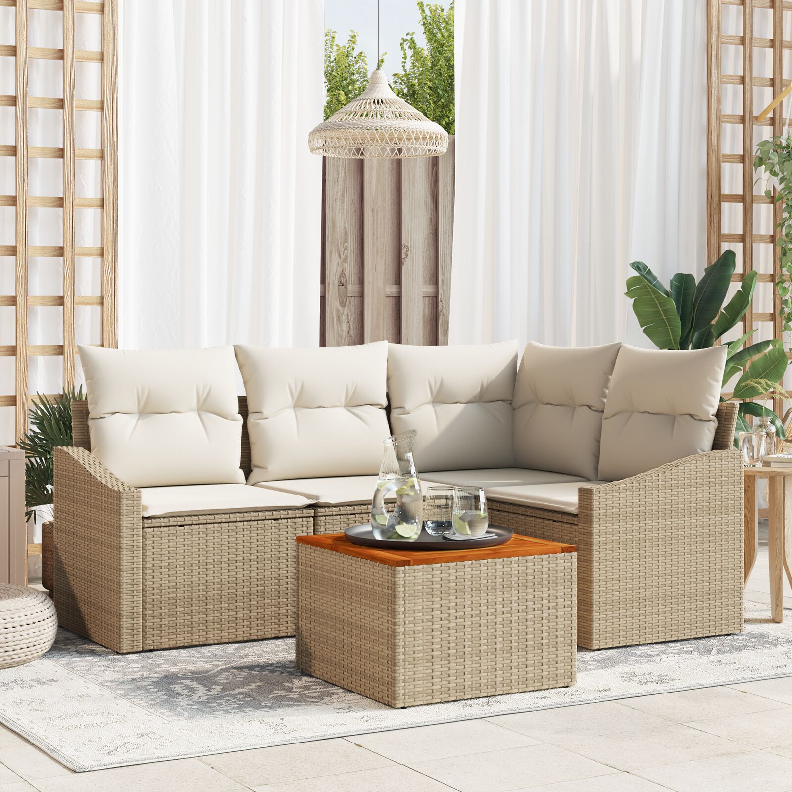 5-teiliges Garten Sofa Set mit Kissen in Beige aus Poly Rattan und Akazie 5-teiliges Garten Sofa Set mit Kissen in Beige aus Poly Rattan und Akazie
