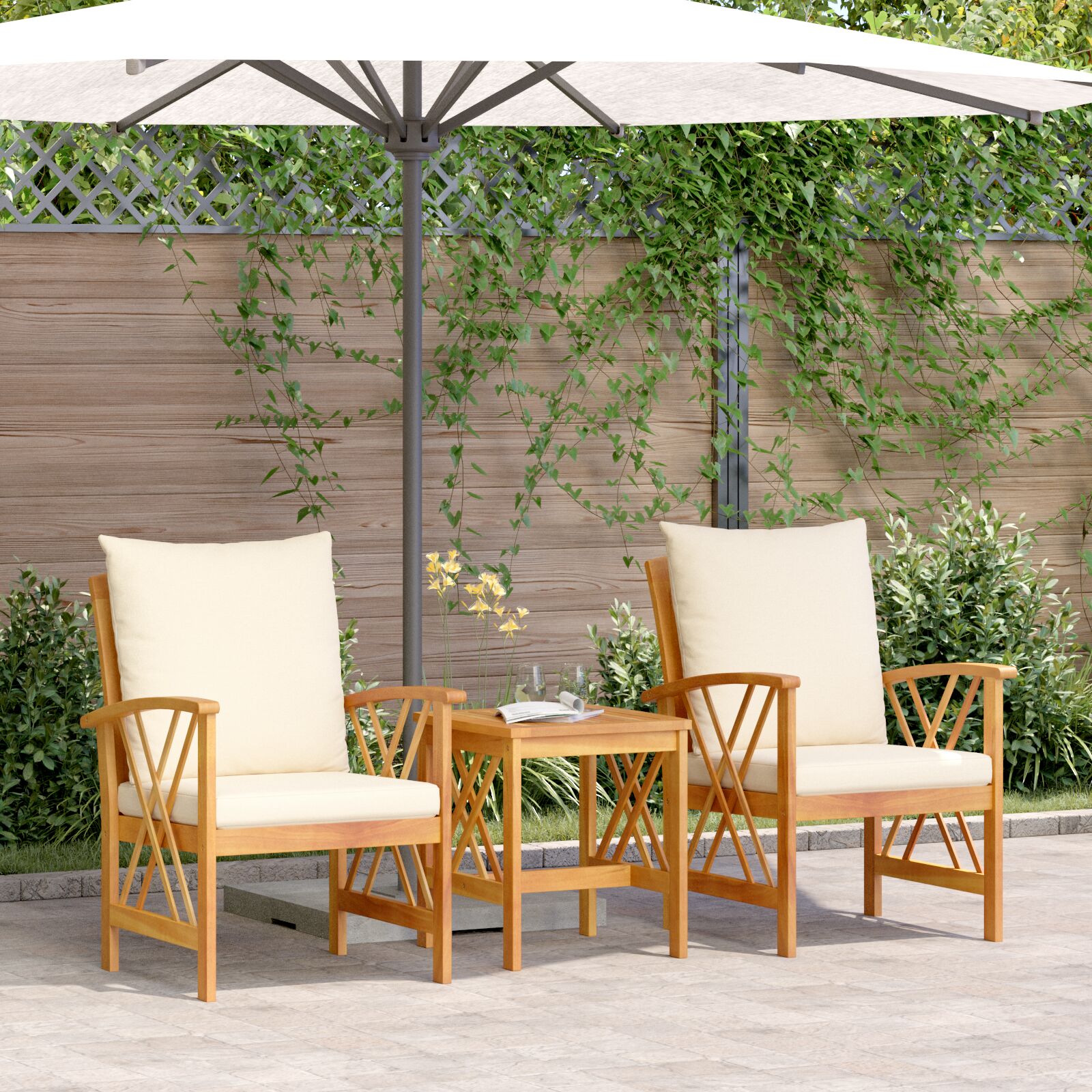 vidaXL 3-teiliges Gartenlounge-Set mit Kissen aus massivem Akazienholz