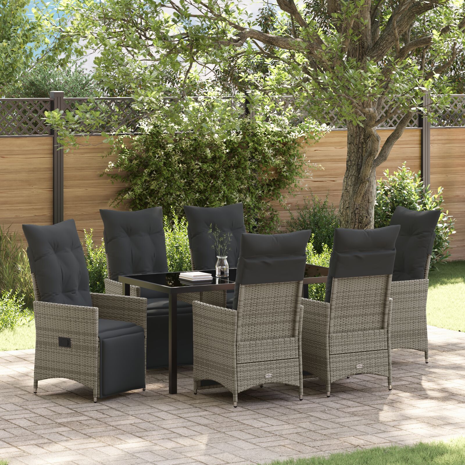 7-teiliges Garten-Esszimmer-Set mit Kissen Grau Poly-Rattan