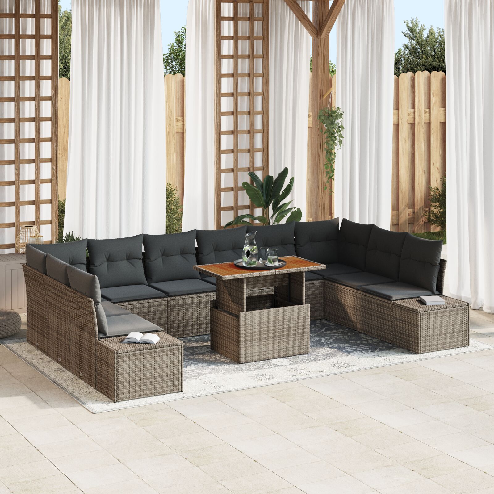 11-teiliges Garten-Sofa-Set mit Kissen Grau Poly Rattan