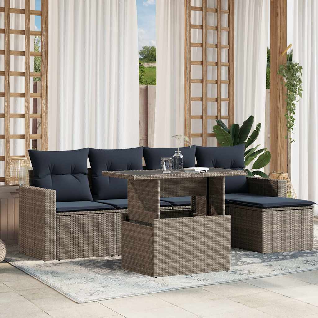 6-teiliges Gartensofa-Set mit Kissen, grau, Polyrattan 6-teiliges Gartensofa-Set mit Kissen, grau, Polyrattan