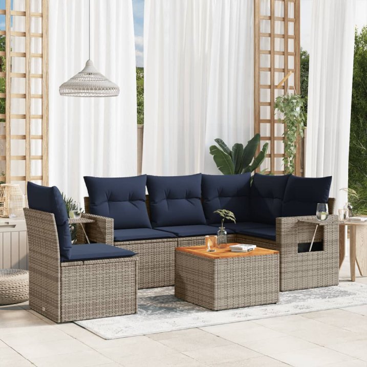 6-teiliges Gartensofa-Set mit Kissen, grau, Polyrattan 6-teiliges Gartensofa-Set mit Kissen, grau, Polyrattan