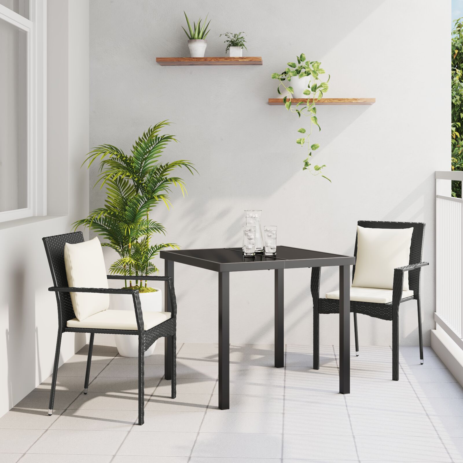 3-teiliges Garten-Ess-Set mit Kissen Schwarz Poly Rattan 3-teiliges Garten-Ess-Set mit Kissen Schwarz Poly Rattan