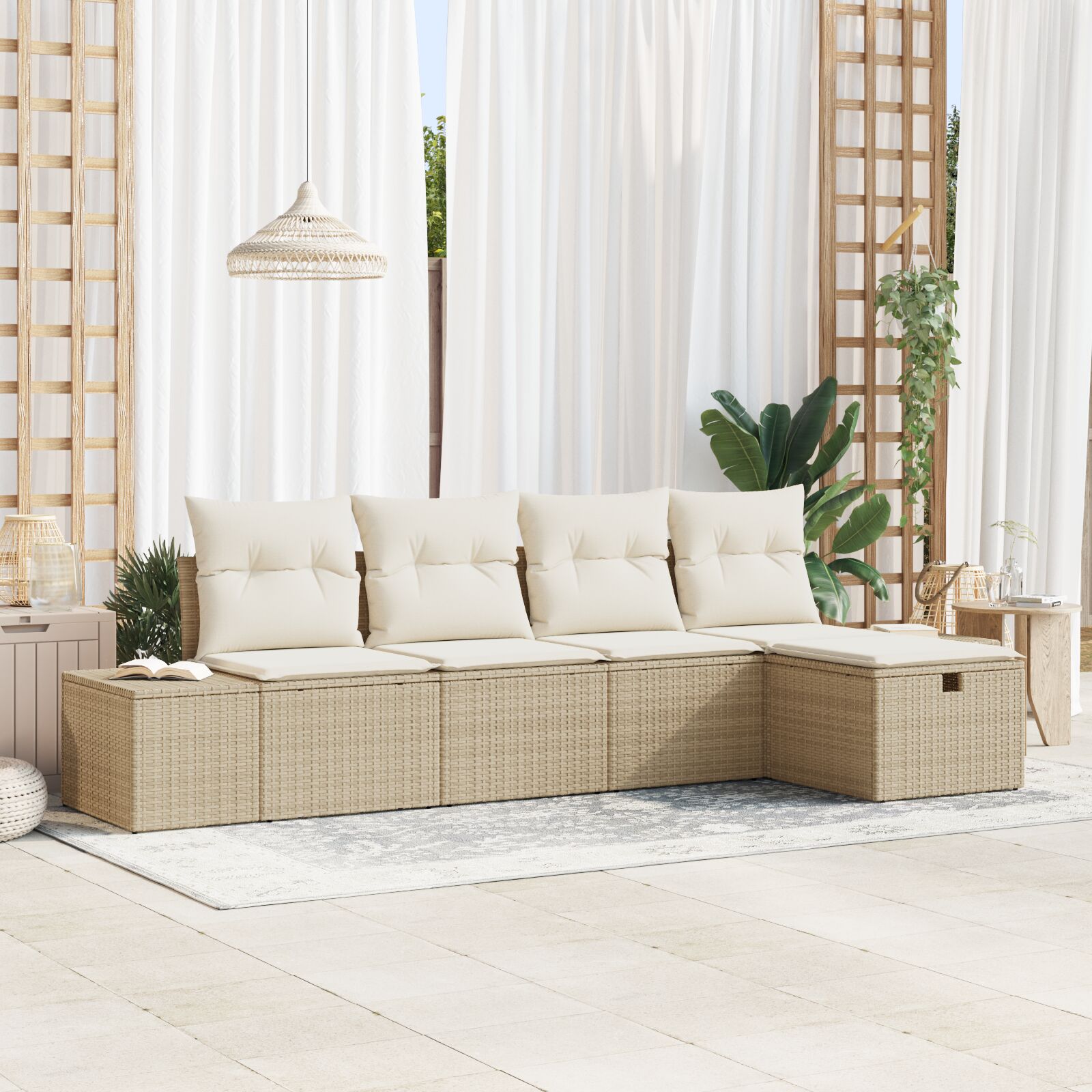 5-teiliges Garten-Sofa-Set mit Kissen Beige Poly-Rattan