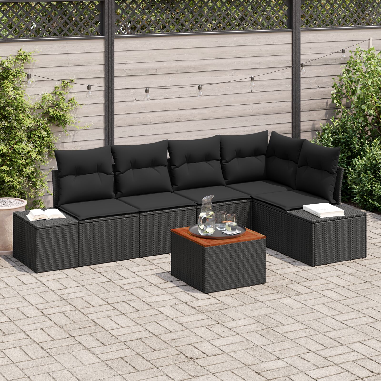 6-teiliges Garten-Sofa-Set mit Kissen Schwarz Poly Rattan Akazie