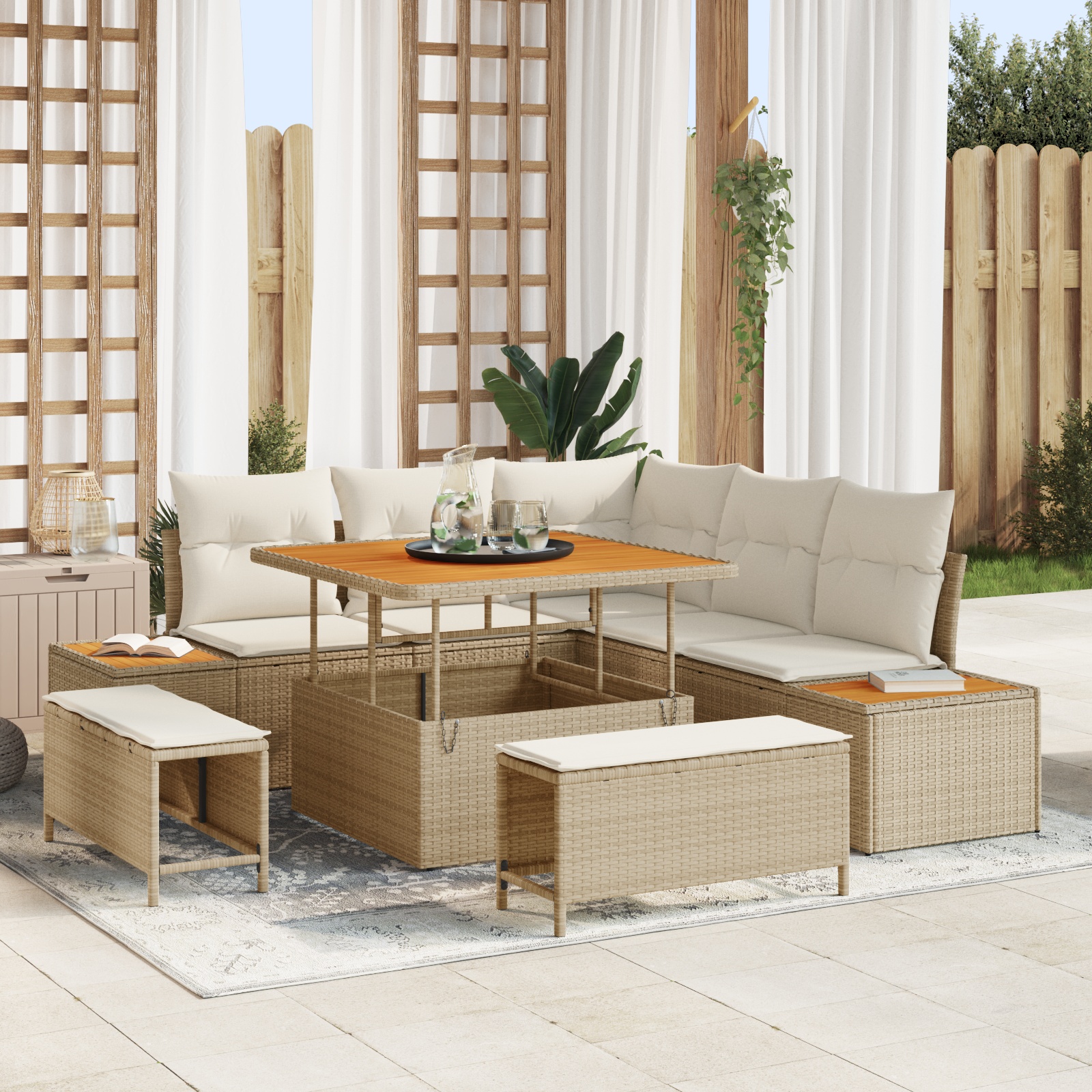 8-teiliges Garten-Sofaset mit Kissen Beige Poly-Rattan Akazie 8-teiliges Garten-Sofaset mit Kissen Beige Poly-Rattan Akazie